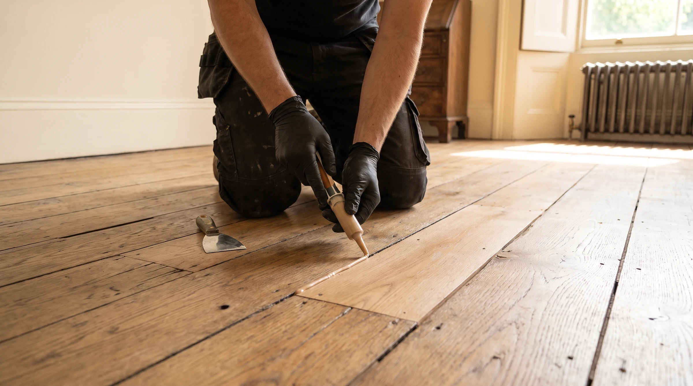 Gap filling between wooden floorboards